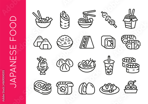 Japanese food icons. Set of 20 Japanese food trendy minimal icons. Ramen, Sushi, Onigiri, Bento Box, Takoyaki icon. Design signs for web page, mobile app, packaging design. Vector illustration