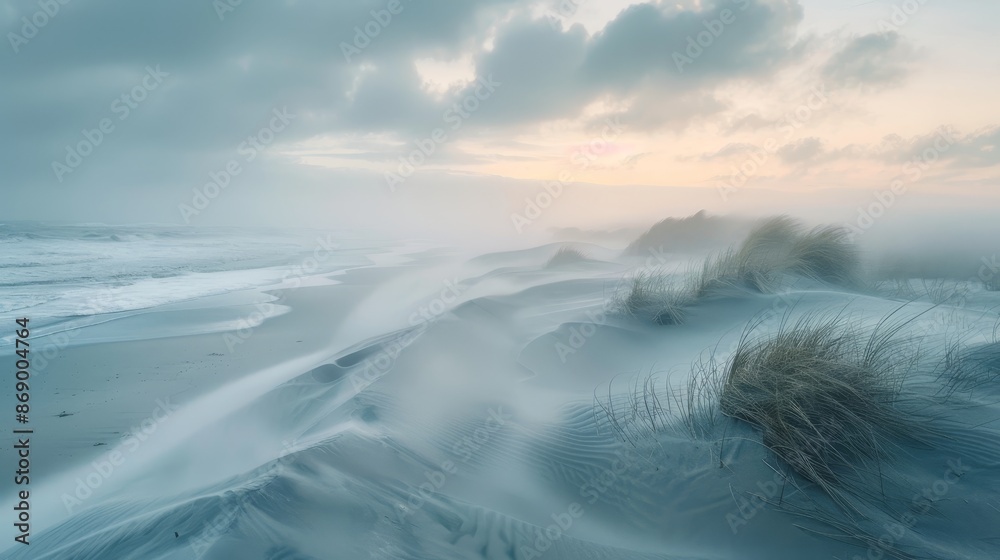 North Sea coast at dawn, misty morning over sand dunes, serene landscape view, soft light, detailed textures, tranquil and ethereal atmosphere North Sea coast at dawn, misty morning over sand dunes, serene landscape view, soft light, detailed textures, tranquil and ethereal atmosphere