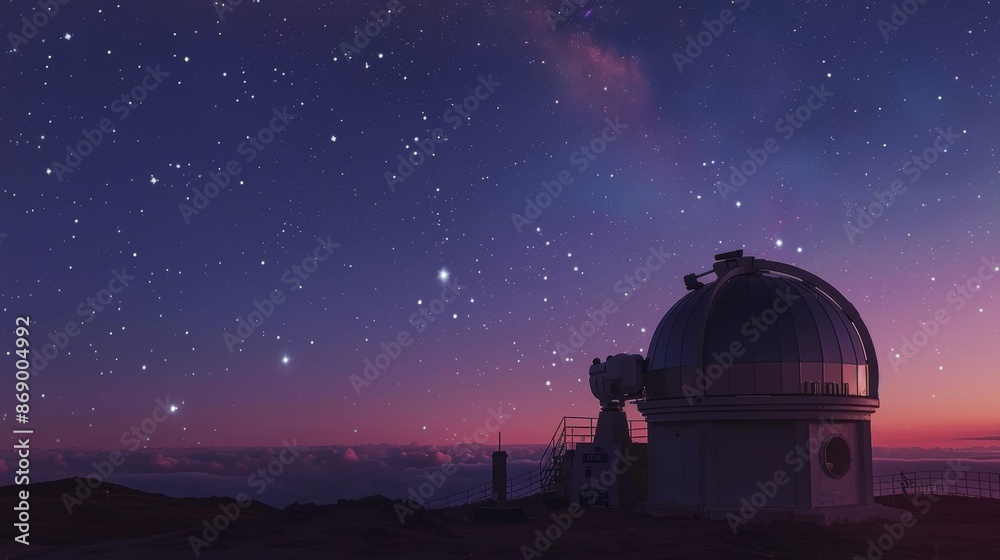 Observatory with a large telescope under a clear, starry sky, detailed celestial objects, serene and awe-inspiring night scene Observatory with a large telescope under a clear, starry sky, detailed celestial objects, serene and awe-inspiring night scene