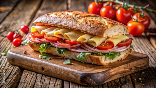 A rustic wooden board holds an enticing, crusty bread sandwich filled with savory ham, juicy tomato, and melted cheese slices.