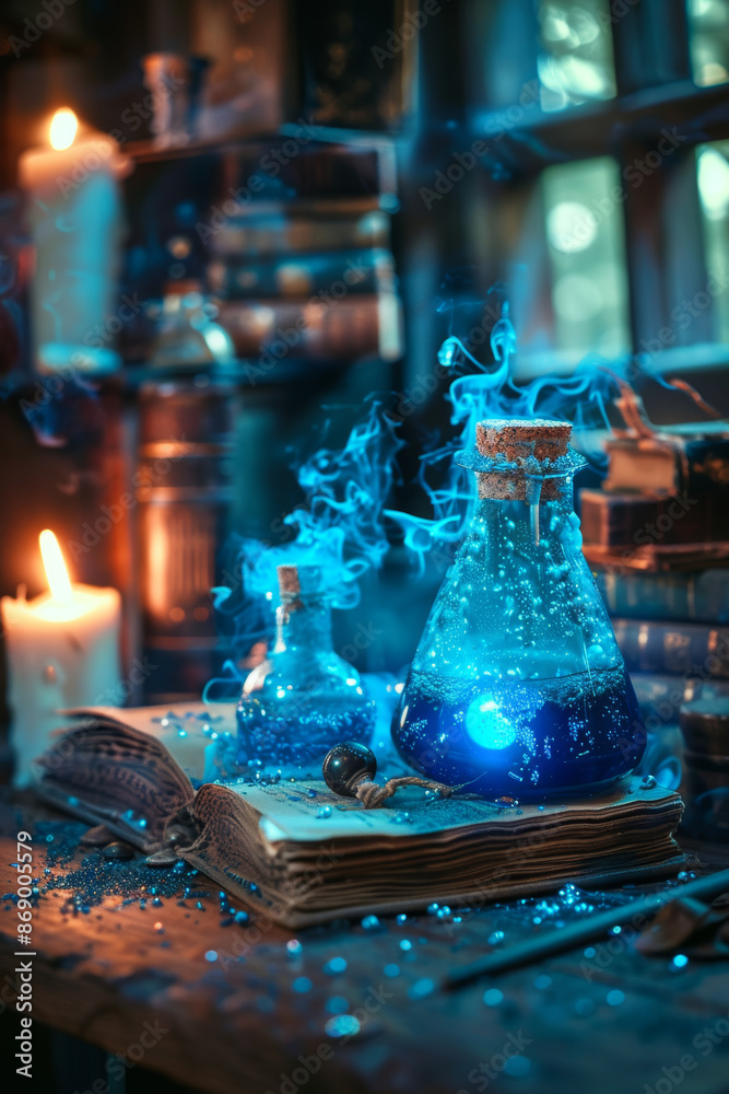 A blue liquid in a glass bottle is on a table next to a book A blue liquid in a glass bottle is on a table next to a book