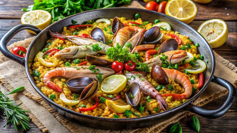 Vibrant, savory, aromatic fresh seafood paella overflows from large skillet, adorned with zesty lemon wedges and fragrant, fresh green herbs. Vibrant, savory, aromatic fresh seafood paella overflows from large skillet, adorned with zesty lemon wedges and fragrant, fresh green herbs.