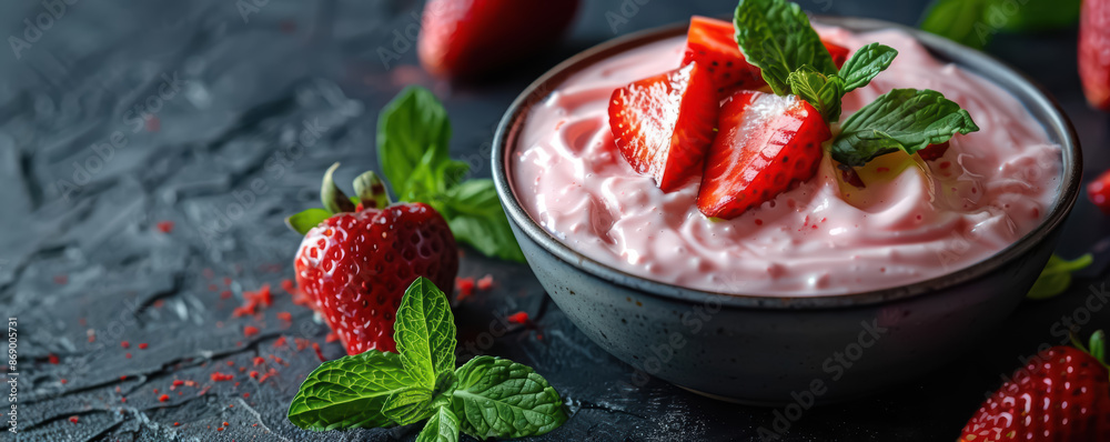 A serving of strawberry yogurt in a stylish dish, garnished with mint leaves and strawberry slices for added freshness A serving of strawberry yogurt in a stylish dish, garnished with mint leaves and strawberry slices for added freshness