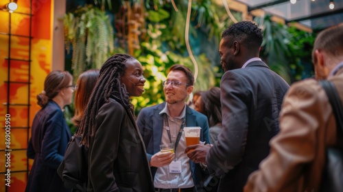A diverse group is socializing at a modern cafe, chatting and enjoying each others company in an indoor setting. AIG53M