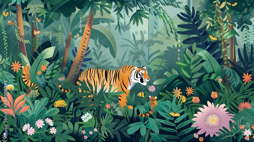 Exotic Floral Background: Jungle Tropical Illustration with Palm Trees, Plants, and Wild Animals Exotic Floral Background: Jungle Tropical Illustration with Palm Trees, Plants, and Wild Animals