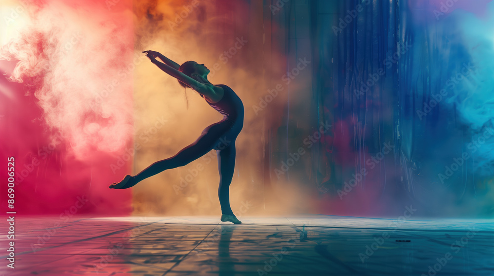 Naklejka premium Dynamic Gymnastics Performance on Parisian Themed Background with Dramatic Lighting and Metallic Tones