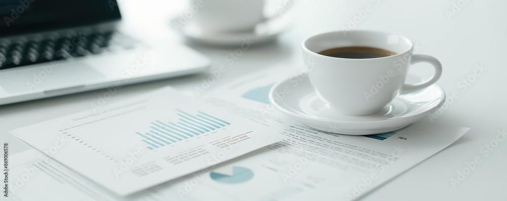 An office desk with printed data reports, a laptop, and a cup of coffee, representing the daily routine of business analysis An office desk with printed data reports, a laptop, and a cup of coffee, representing the daily routine of business analysis