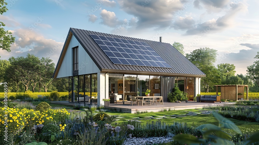 New suburban house with a photovoltaic system on the roof. Modern eco friendly passive house with landscaped yard. Solar panels on the gable roof. copy space for text. New suburban house with a photovoltaic system on the roof. Modern eco friendly passive house with landscaped yard. Solar panels on the gable roof. copy space for text.