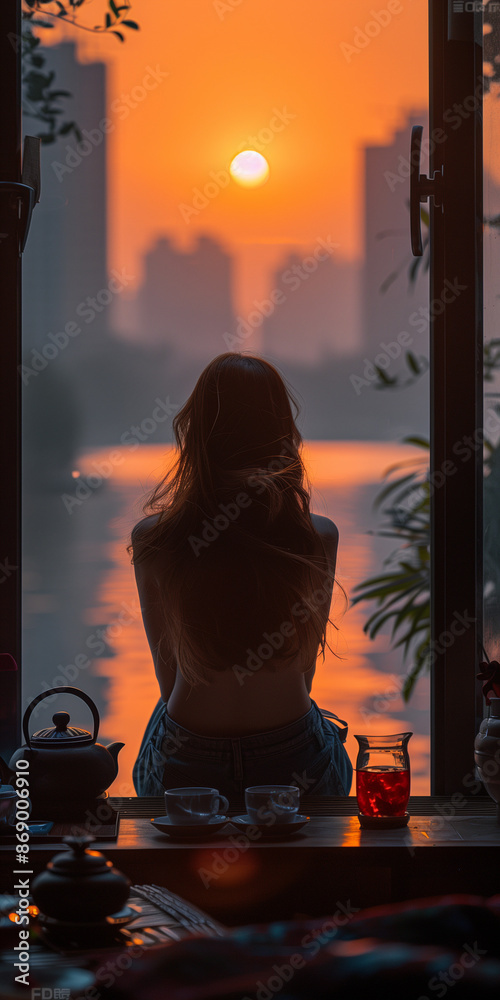 Φωτογραφία The back of a woman looking at the evening city view from the French window at h