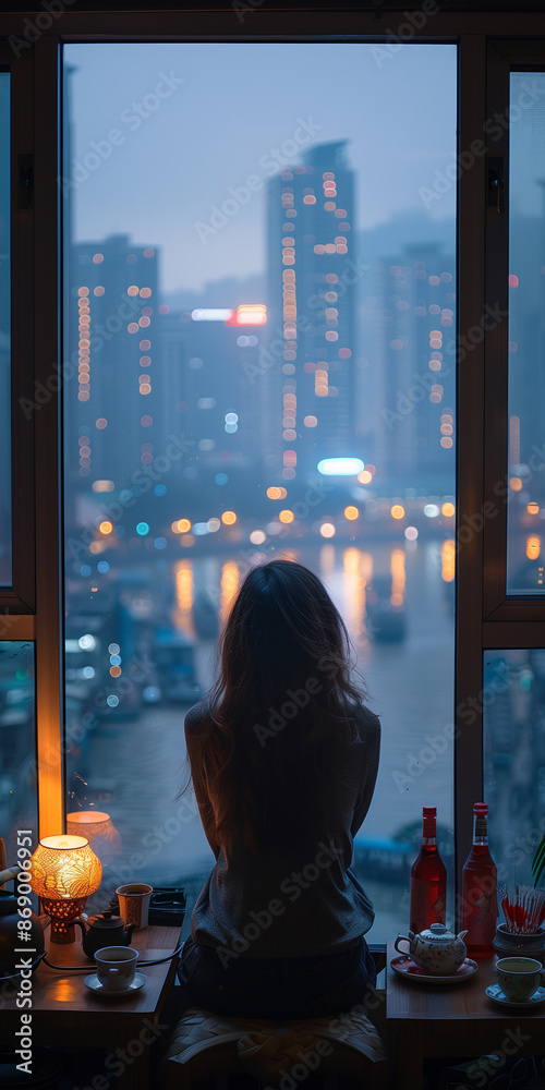 Φωτογραφία The back of a woman looking at the evening city view from the French window at h