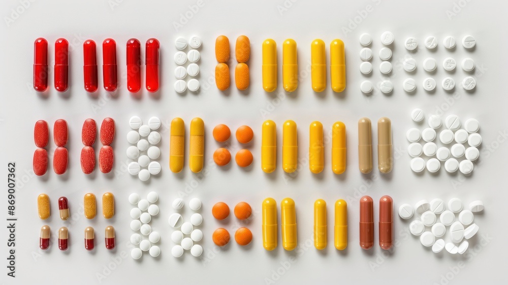 Medicine pills, drugs in different colours arranged on a white background. Human health care medical concept Medicine pills, drugs in different colours arranged on a white background. Human health care medical concept