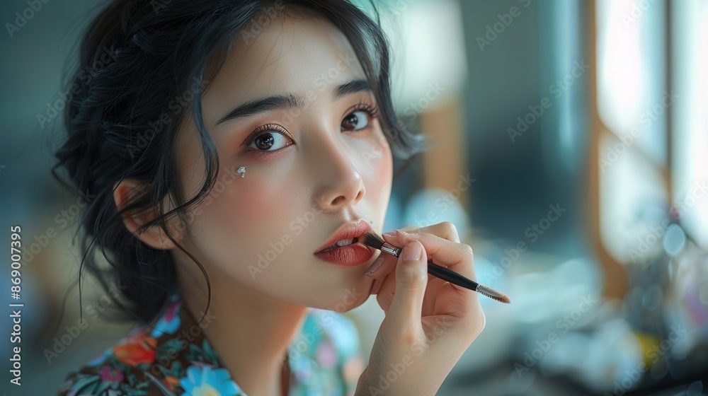 a beautiful young woman from Indonesia is doing her make-up, Generate AI. a beautiful young woman from Indonesia is doing her make-up, Generate AI.