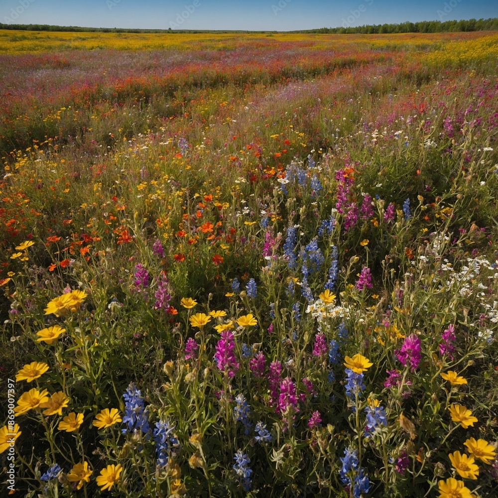 Obraz premium Fields of wildflowers stretched as far as the eye could see, painting the landscape in a riot of colors.