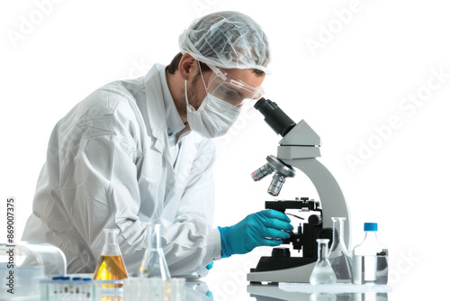 Scientist in laboratory conducting research and analysis through a microscope, surrounded by glassware and lab equipment.