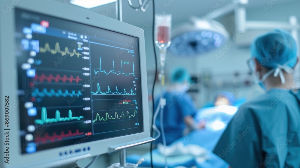 focus monitor Monitor screen with vital signs and ECG data of a patient during surgery in a hospital operating room. Displays the patient's heart rate and blood pressure. focus monitor Monitor screen with vital signs and ECG data of a patient during surgery in a hospital operating room. Displays the patient's heart rate and blood pressure.