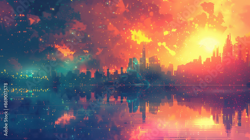 Futuristic Pixel Art Landscape with Dramatic Lighting and Spark Effects on Colorful Background