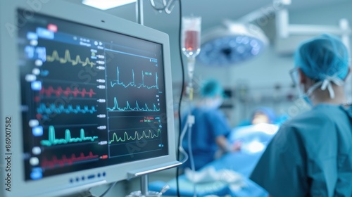 focus monitor Monitor screen with vital signs and ECG data of a patient during surgery in a hospital operating room. Displays the patient's heart rate and blood pressure.