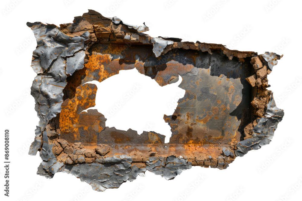 Fototapeta premium A bullet hole in a metal sign, with the torn edges and fragments conveying the force.