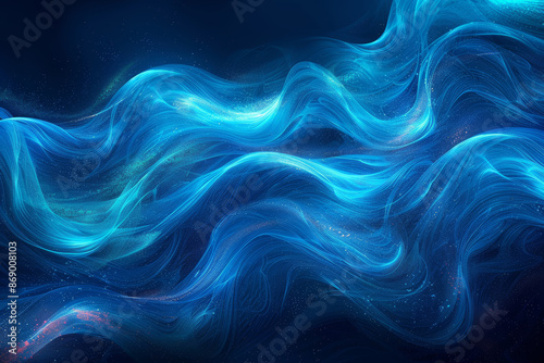 Abstract Blue Wavy Digital Art with Light Streaks and Sparkles on Dark Background © inspiring 