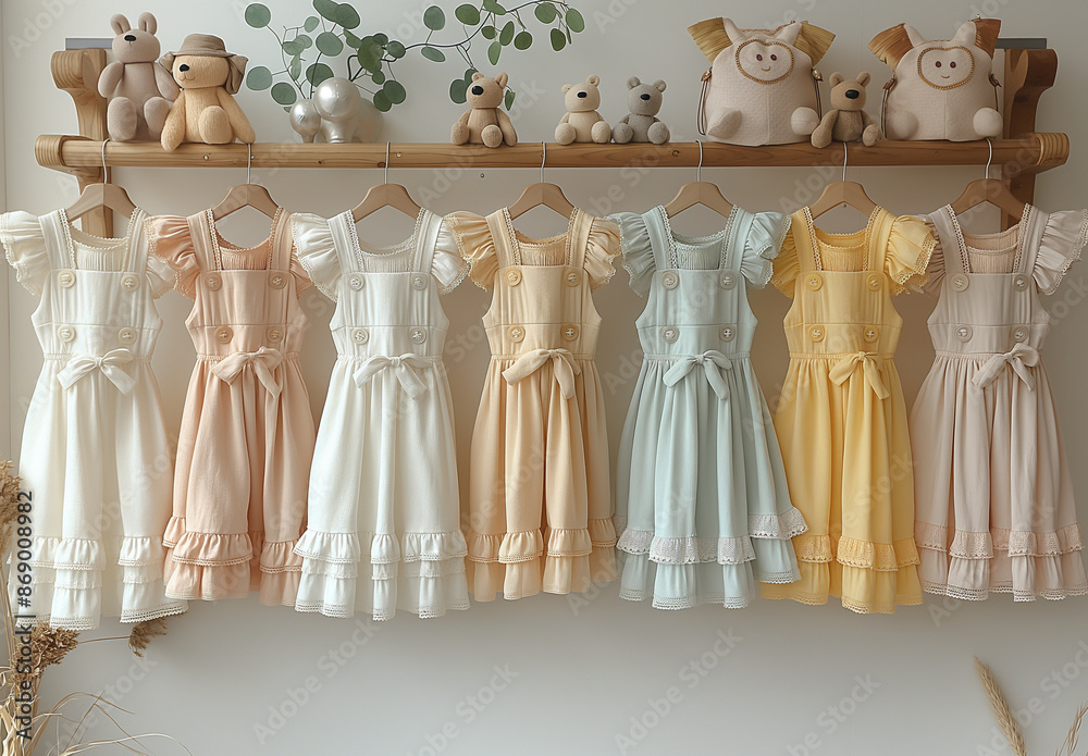 Photo of baby overalls, shorts and girls' dresses hanging on hangers, comfortable woven fabric, children's set, pastel colors Photo of baby overalls, shorts and girls' dresses hanging on hangers, comfortable woven fabric, children's set, pastel colors