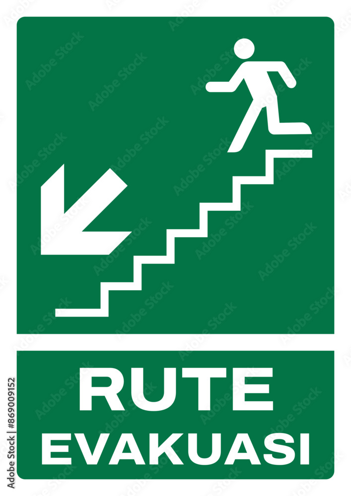 ISO emergency and first aid safety signs in indonesian_rute evakuasi tangga arah (kiri bawah) size a4/a3/a2/a1 ISO emergency and first aid safety signs in indonesian_rute evakuasi tangga arah (kiri bawah) size a4/a3/a2/a1