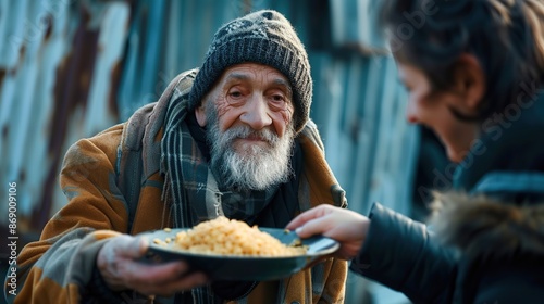 Volunteer hands giving to poor old homeless man food. Donation, charity, sharing, help and hope concept. copy space for text.