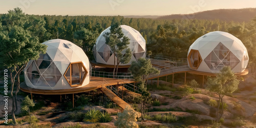 Sunset Serenity in Geodesic Domes: A Harmony of Modern Architecture and Nature's Tranquility in a Remote Retreat