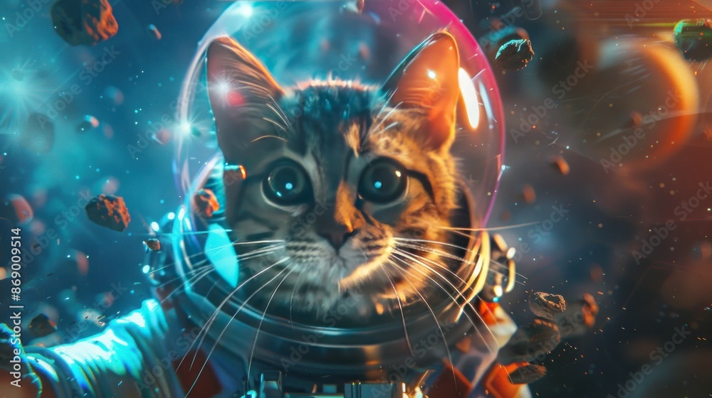 Fototapeta Adorable little cat wearing astronaut costume on outer space background