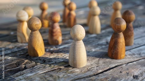 There are several wooden person figure arranged on a wooden table very detailed and realistic shape