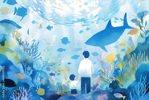 Father and Child Exploring Underwater World Vibrant Marine Life, Fish, Shark, Coral Reef