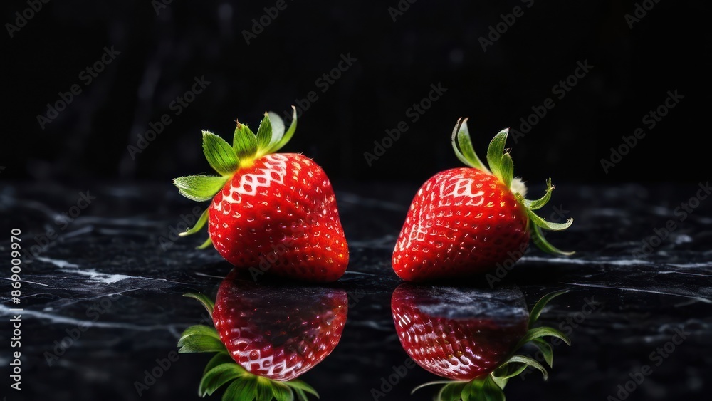 Two Red Strawberries' Elegant Reflection on a Minimalist Black Countertop Two Red Strawberries' Elegant Reflection on a Minimalist Black Countertop