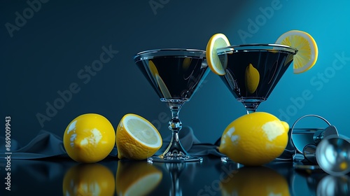 There are two blackblue glasses with cocktail and lemons very detailed and realistic shape photo