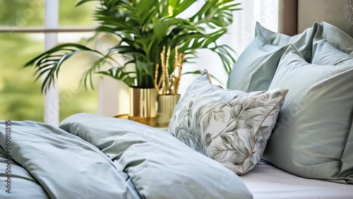 Bed with green bedding and pillow