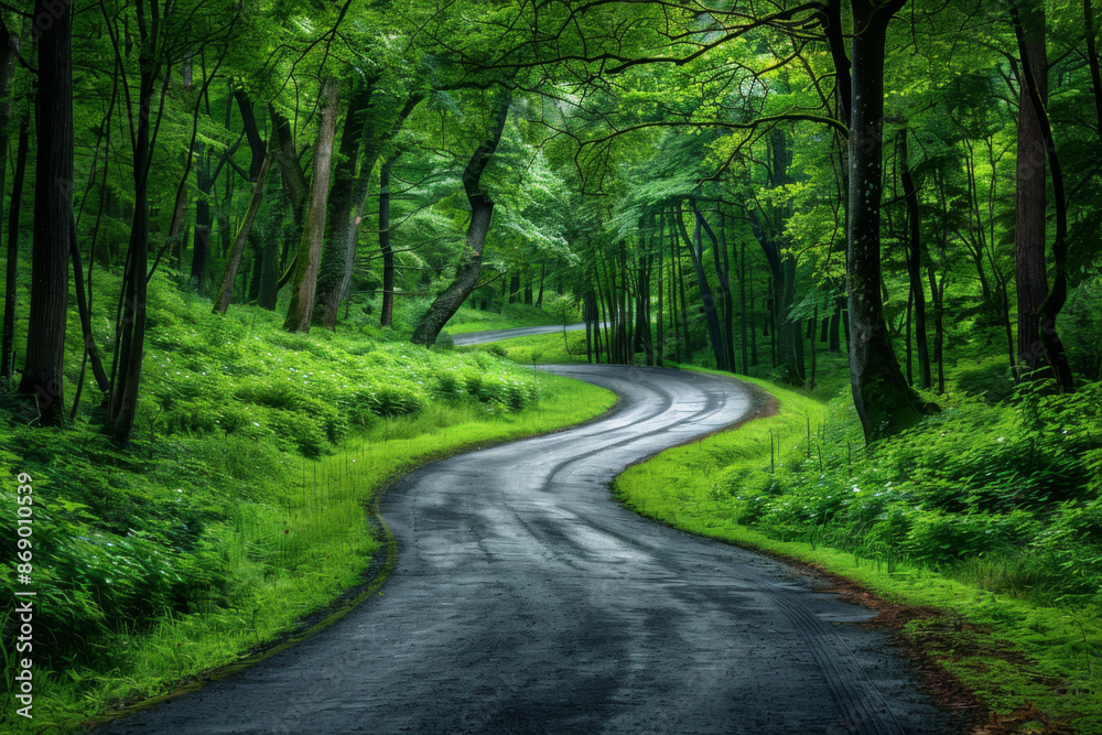 Naklejka premium Winding Road Through Lush Green Forest