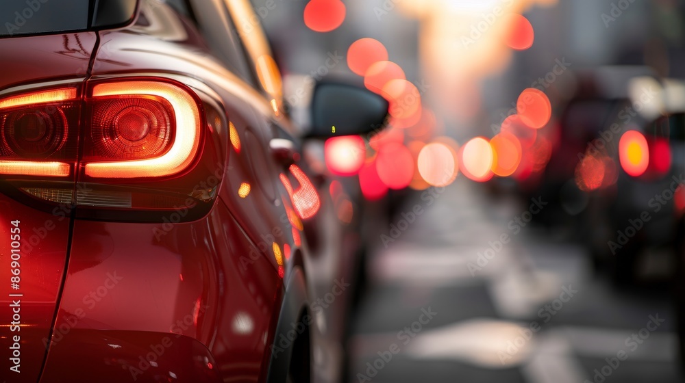 red tail lights of cars in a traffic jam with surrounding vehicles blurred in the background The emphasis on bright yellow lights contrasts with the blur of traffic. red tail lights of cars in a traffic jam with surrounding vehicles blurred in the background The emphasis on bright yellow lights contrasts with the blur of traffic.