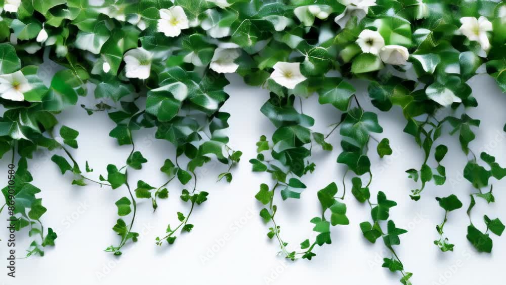 Close-up view of an ivy vine with white flowers hanging against a white wall. Close-up view of an ivy vine with white flowers hanging against a white wall.