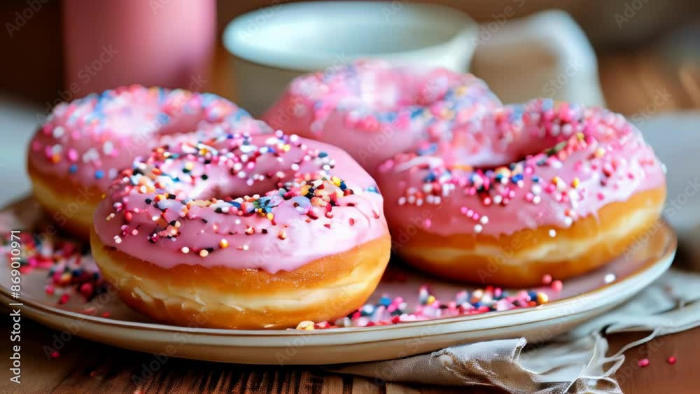 Close-up of pink frosted donuts with colorful sprinkles on a plate.