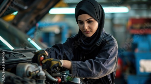 A woman mechanic works on a car engine © Salsabila Ariadina