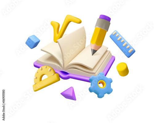 Mathematics class vector 3d icon. Back to school cartoon design isolated. Geometry and algebra education illustration.