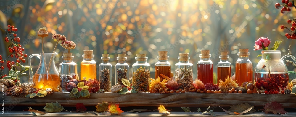 Rustic display of autumnal oils and spices in glass bottles with bokeh forest background. Perfect for fall or nature-related content. Rustic display of autumnal oils and spices in glass bottles with bokeh forest background. Perfect for fall or nature-related content.
