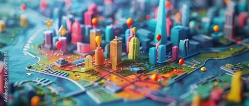 Vibrant isometric city model with colorful buildings and landmarks, displaying a futuristic urban planning concept. photo