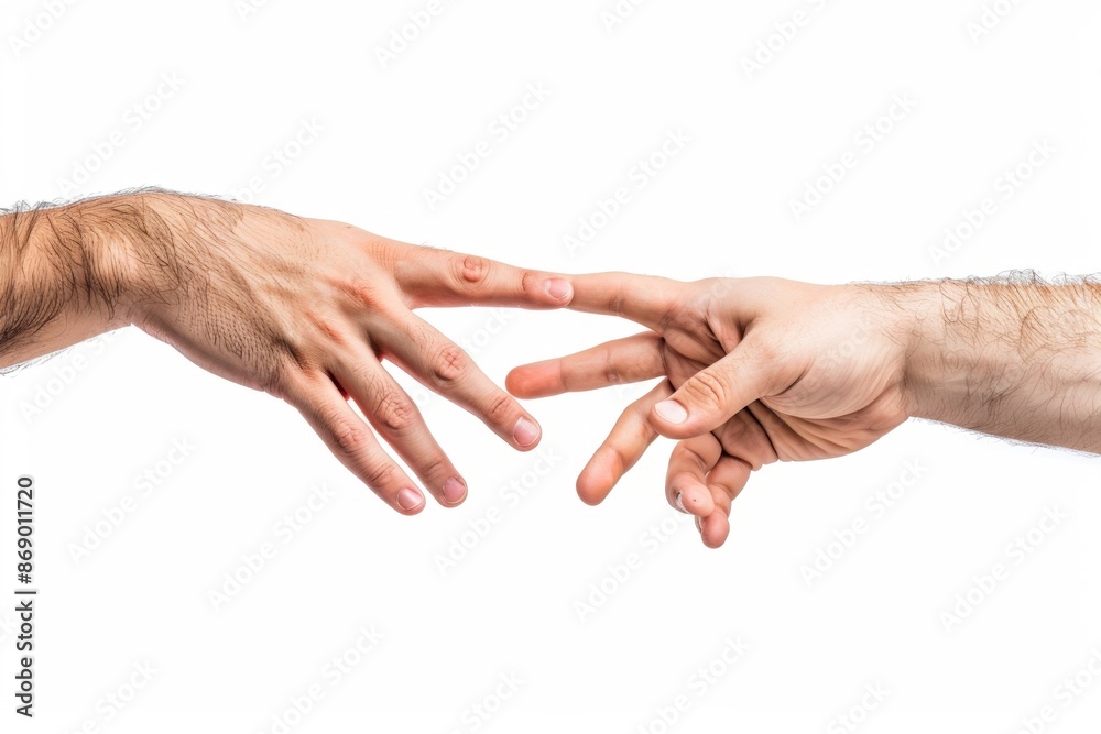 Close-up of two hands performing finger touch isolated on white Close-up of two hands performing finger touch isolated on white