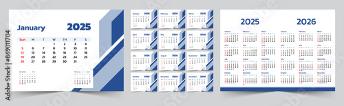 Monthly calendar template for 2025 year. The Week start on Sunday. Desk calendar 2025 design, simple and clean design, Wall calendar for print, digital calendar, Corporate design planner template.