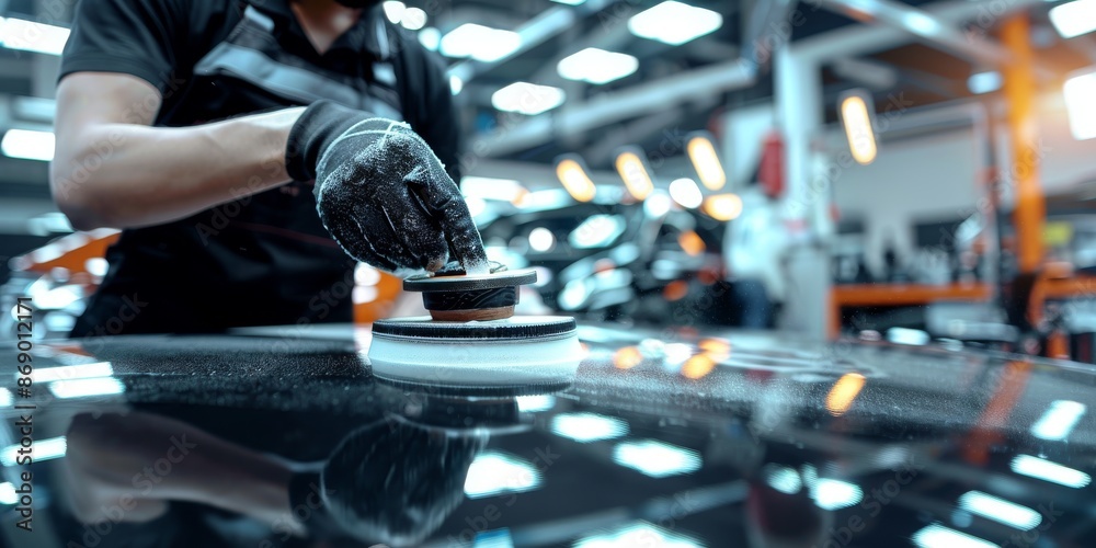An attentive technician polishing a car at a premium auto detailing facility, showcasing the emphasis on high-quality finish and meticulous attention to detail in car care and visual appeal.