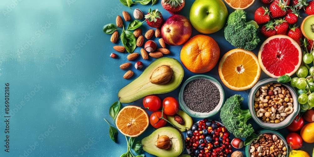 Fresh and vibrant assortment of fruits and nuts against a bright blue surface, emphasizing the healthiness and freshness of the ingredients. Fresh and vibrant assortment of fruits and nuts against a bright blue surface, emphasizing the healthiness and freshness of the ingredients.