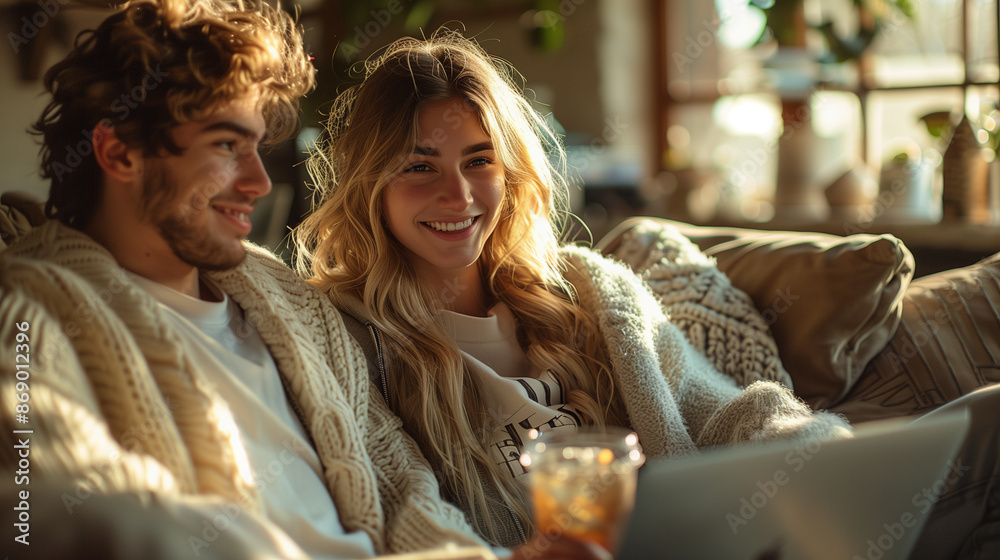 Fototapeta premium couple sitting on sofa with laptop