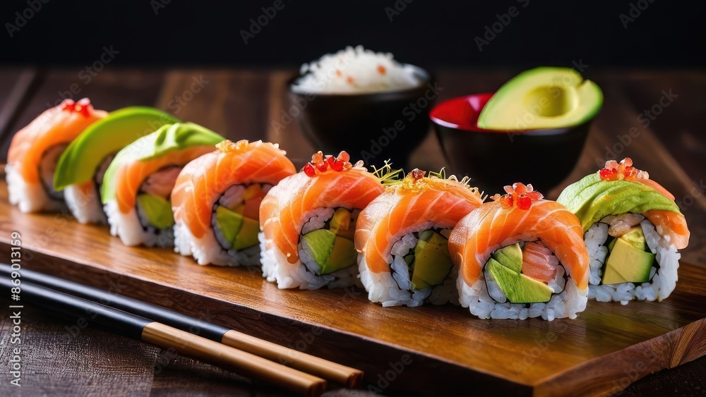 Elegant Sushi Arrangement, Salmon and Avocado Rolls, Enhanced by Sesame Seeds, Complemented by Red Accent Aesthetics on Wooden Table setting Elegant Sushi Arrangement, Salmon and Avocado Rolls, Enhanced by Sesame Seeds, Complemented by Red Accent Aesthetics on Wooden Table setting