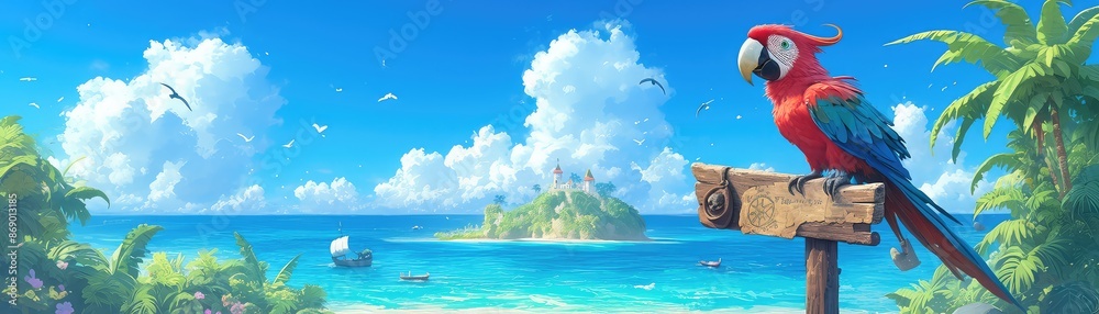 Fototapeta premium Jolly pirate parrot sitting on a wooden signpost, displaying a treasure map banner, with a treasure island in the distance, in a colorful and whimsical style, 3D Rendering