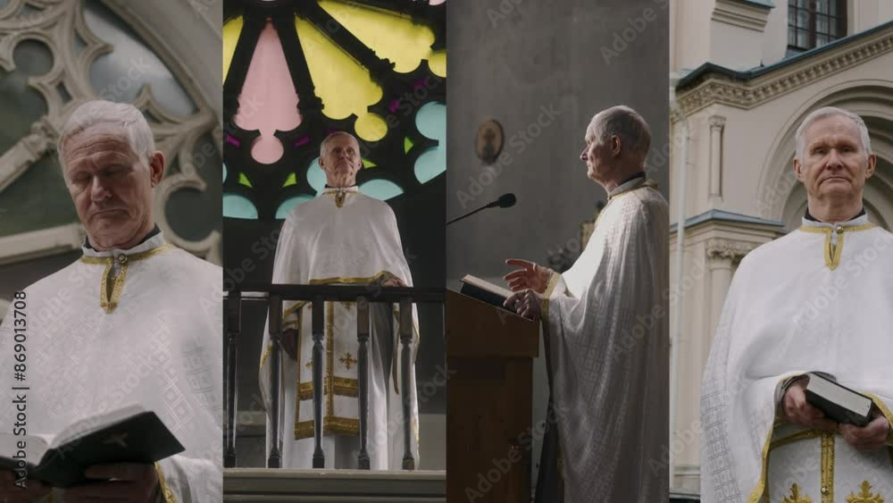 Split screen footage of senior pastor in white chasuble preaching with ...