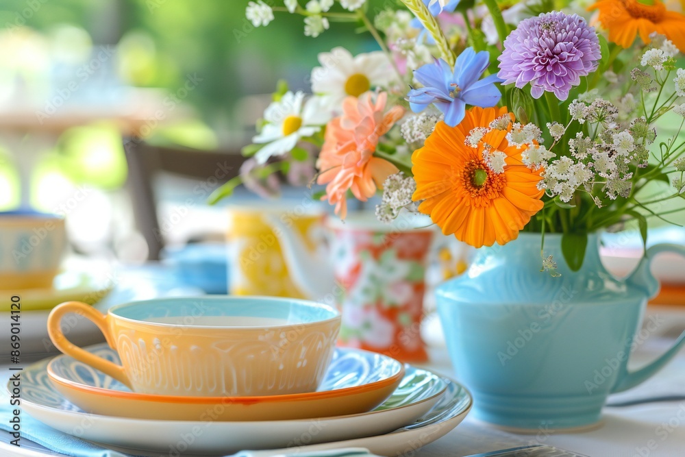 Casual brunch table setting with colorful plates, mismatched cups, and a vase of fresh spring flowers,genetated by ai Casual brunch table setting with colorful plates, mismatched cups, and a vase of fresh spring flowers,genetated by ai